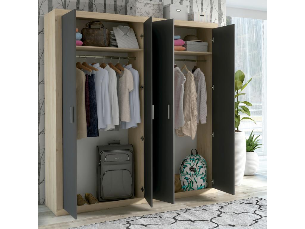 Armoire placard garde-robe 4 portes coloris Chêne graphite - Longueur 196 x Profondeur 50 x Hauteur 208 cm 89923ZXLB