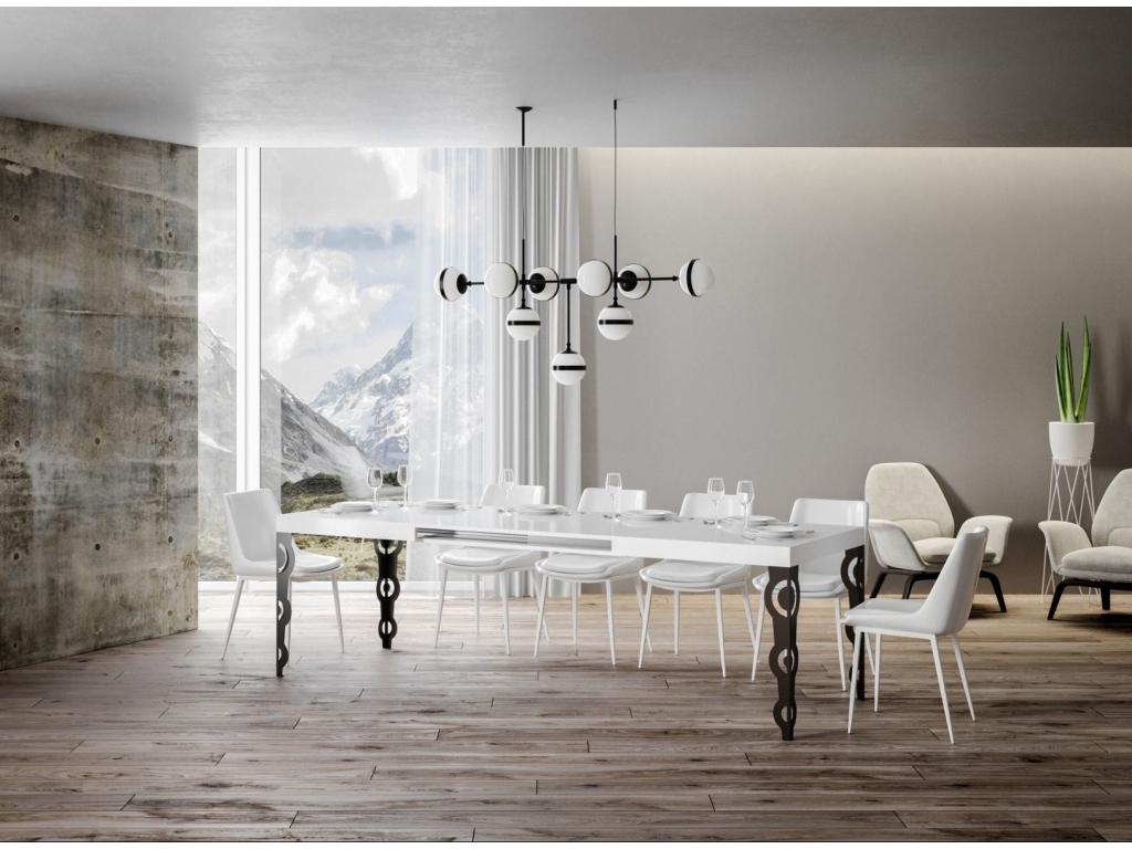 Table rectangulaire extensible orientale 6 à 10 personnes L 160 à 264cm blanc laqué et pieds métal anthracite Maisonpuretop 28397YACV