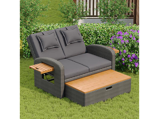 Lit de repos d'extérieur convertible 2 places en résine tressée - table d'appoint - chaise longue - gris 73001YCBS