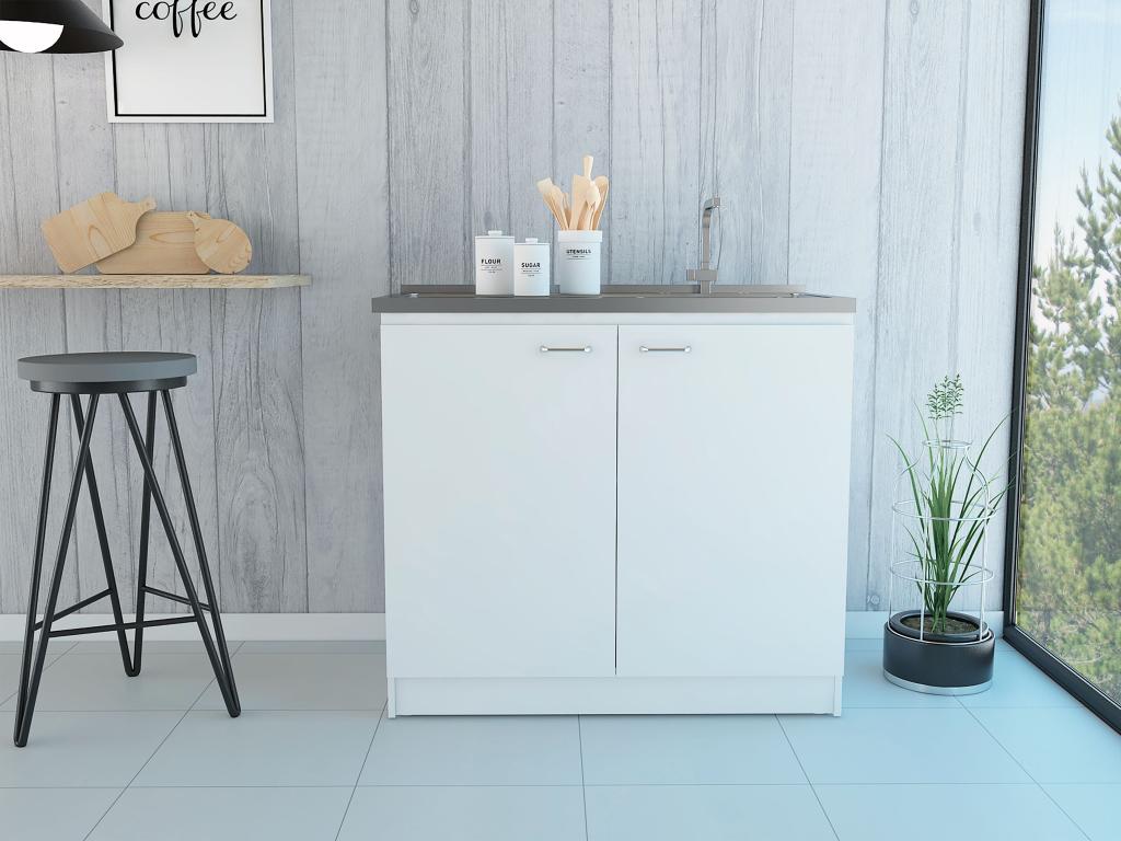 Meuble bas auxiliaire en mélamine Maisonpuretop avec deux portes deux étagères et plan de travail en acier inoxydable Blanc 90x100x52.5 cm 79932LGQW