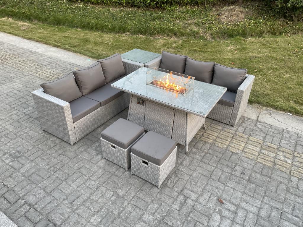 Table de foyer à gaz Ensemble de meubles de jardin en rotin avec canapé Table d'appoint Petit Tabourets Gris Clair 65150UYGZ