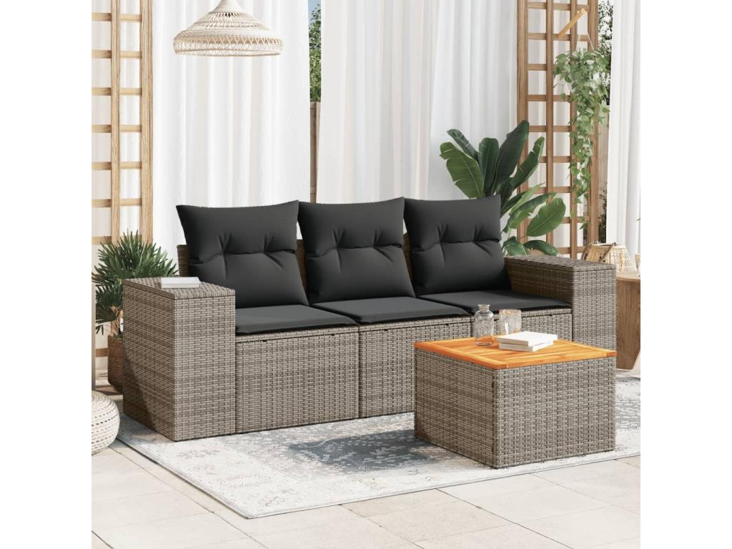 Salon de jardin 4 pcs avec coussins gris résine tressée 35341TPFY