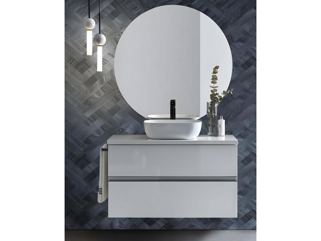 Meuble de salle de bain avec 2 tiroirs suspendus blanc brillant vasque à poser miroir - Longueur 60 x Hauteur 56 x Profondeur 46.5 cm 17828QJCQ