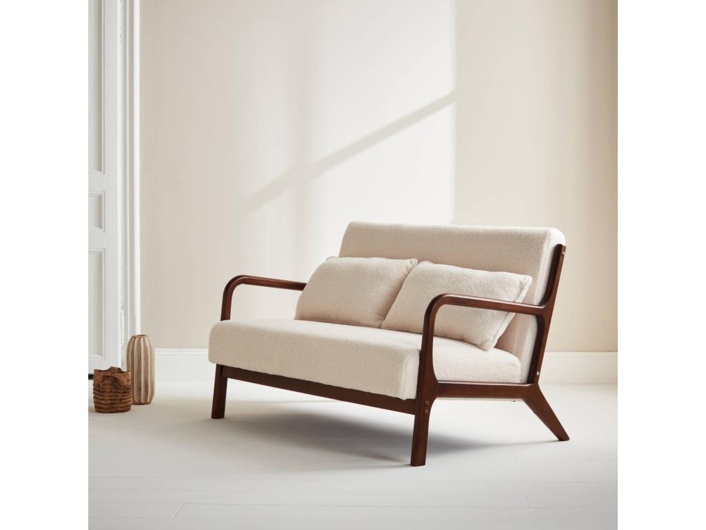 Banquette à bouclesttes - pieds bois d'hévéa teinté noyer clair- 2 places droit fixe- pieds compas scandinave 19366MYVS