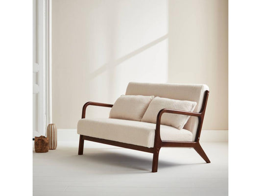 Banquette à bouclesttes - pieds bois d'hévéa teinté noyer clair- 2 places droit fixe- pieds compas scandinave 19366MYVS