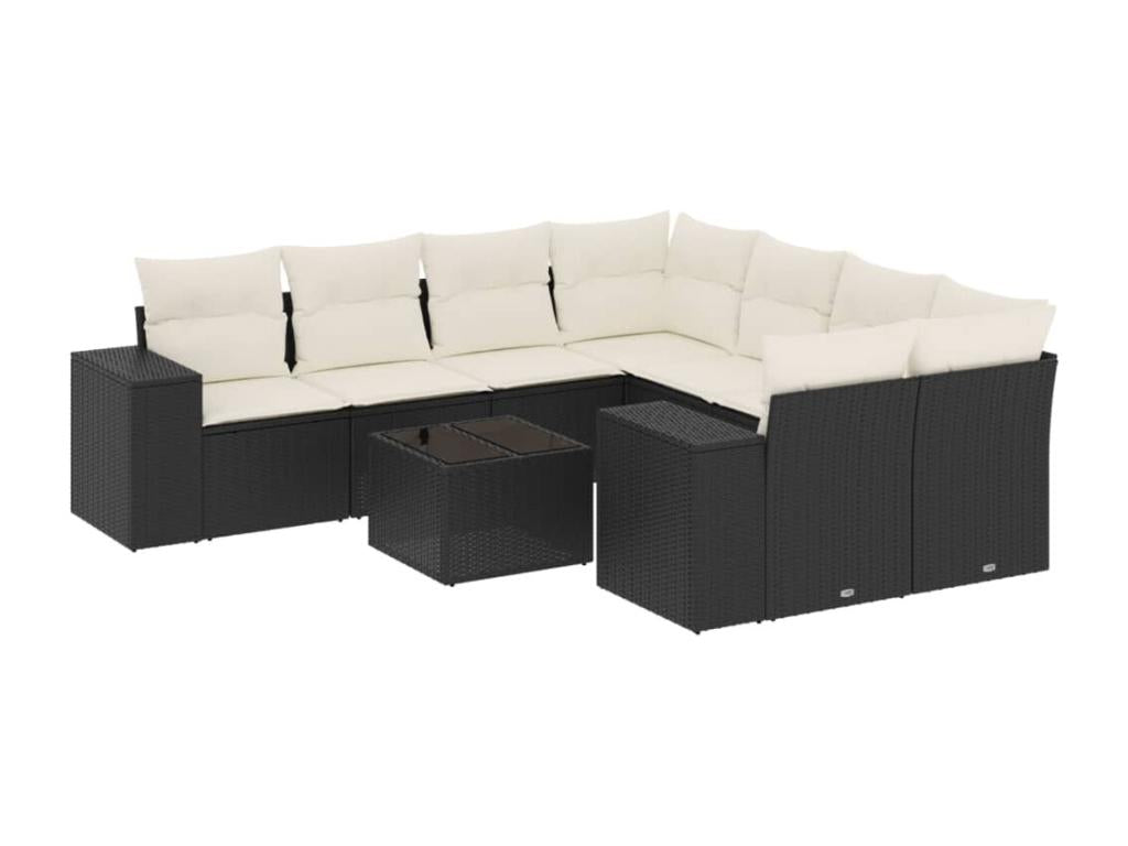 Salon de jardin 9 pcs avec coussins noir résine tressée 06636HLDN