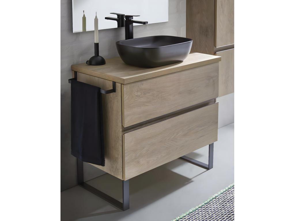 Meuble de salle de bain avec 2 tiroirs couleur chêne nordique vasque à poser - Longueur 80 x Hauteur 87.5 x Profondeur 46.5 cm 15627IVNX