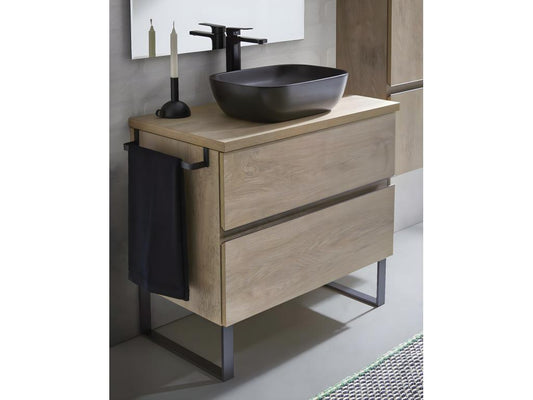 Meuble de salle de bain avec 2 tiroirs couleur chêne nordique vasque à poser - Longueur 80 x Hauteur 87.5 x Profondeur 46.5 cm 15627IVNX