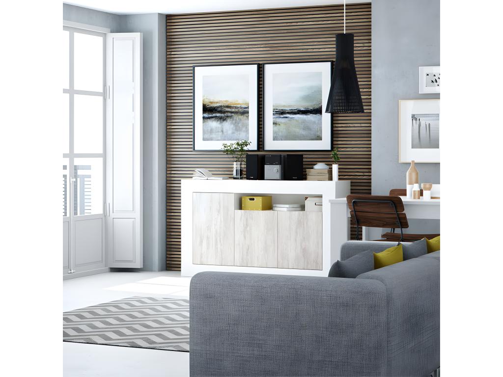 Buffet 3 portes 1 niche Blanc/Pin blanc - Maisonpuretop - L 144 xl 42 x H 87 cm 51361KLIE