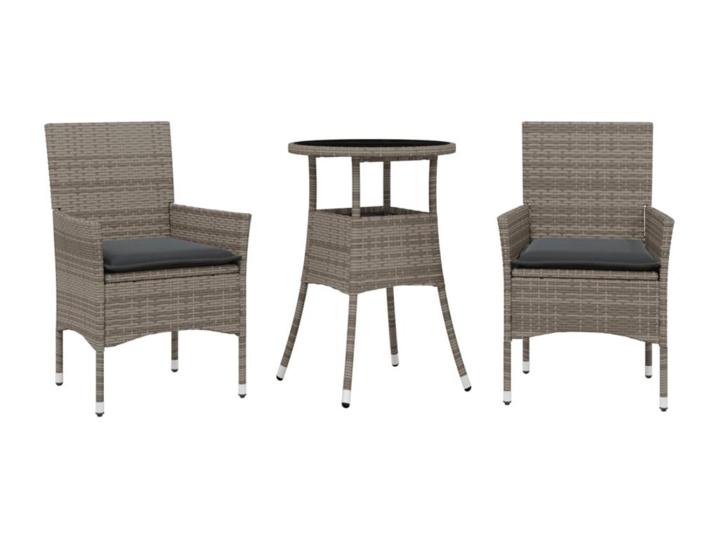 Ensemble à manger de jardin et coussins 3 pièces gris rotin verre 02123QDLG