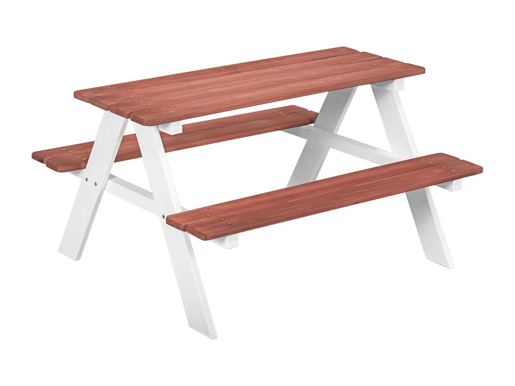 Table de pique-nique enfant - 2 bancs - assises plateau à Maisonpuretop - bois sapin blanc brique 66941VIVY