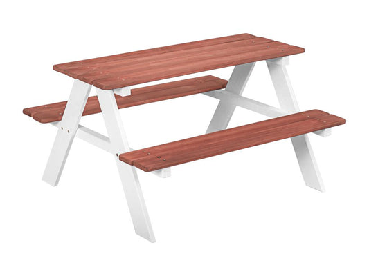 Table de pique-nique enfant - 2 bancs - assises plateau à Maisonpuretop - bois sapin blanc brique 66941VIVY