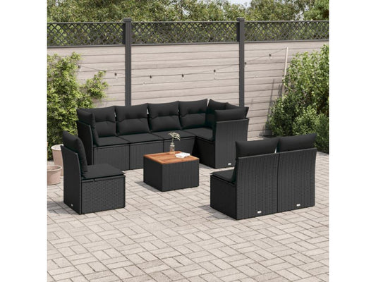 Salon de jardin 9 pcs avec coussins noir résine tressée 71766PWKR
