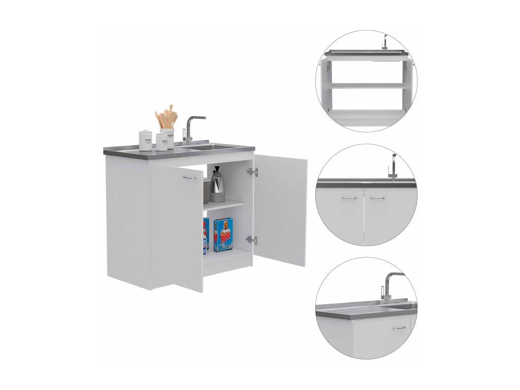 Meuble bas auxiliaire en mélamine Maisonpuretop avec deux portes deux étagères et plan de travail en acier inoxydable Blanc 90x100x52.5 cm 79932LGQW