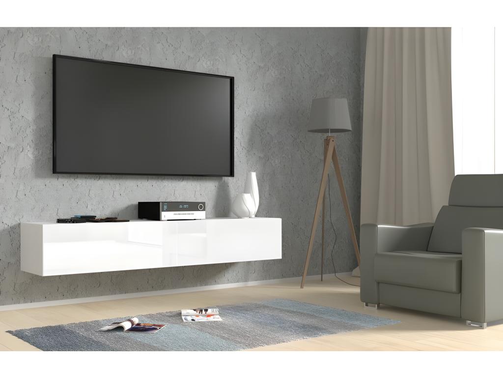 Meuble TV Mural blanc brillant 180x40x30 cm Maisonpuretop meuble Hi-fi buffet commode à suspendre 46355EJGO