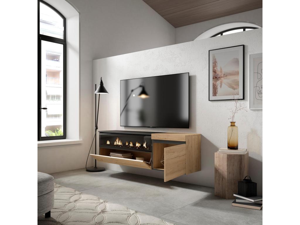 Meuble TV Banc Télé 150x45x35cm Pour les TV jusqu'à 65 Cheminée électrique Suspendu Mural Chêne et noir 30621WJJL
