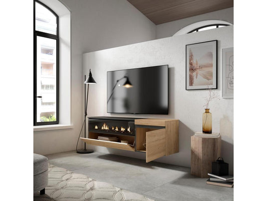 Meuble TV Banc Télé 150x45x35cm Pour les TV jusqu'à 65 Cheminée électrique Suspendu Mural Chêne et noir 30621WJJL