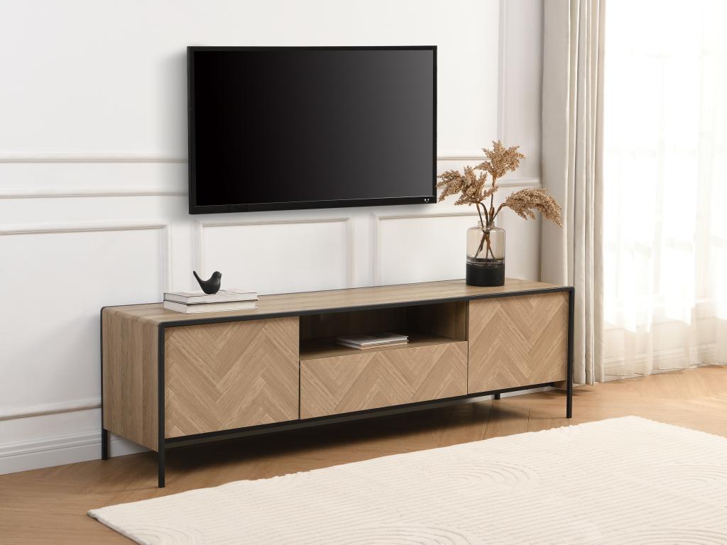 Meuble TV avec 2 portes 1 tiroir et 1 niche en MDF et acier - Naturel clair et Noir - Maisonpuretop 47700IRAK
