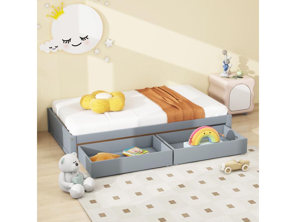 Lit simple avec 2 tiroirs et sommier à Maisonpuretop en bois - 90x200cm - Gris 37018EXLS