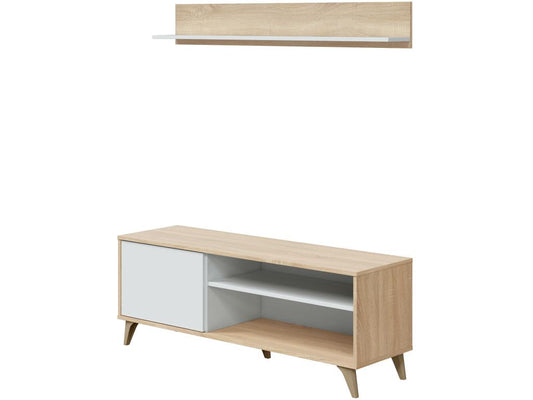 Meuble TV Maisonpuretop 1 Porte avec Étagère Couleur Chêne et Blanc 135 cm Largeur 14973AZGD