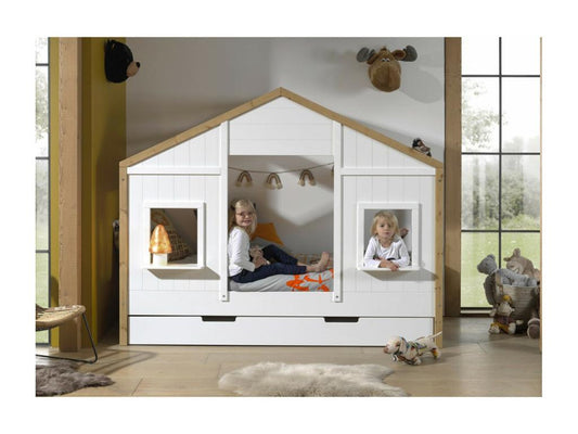 Artvivrestore - Lit Maison 90x200cm Blanc et Pin à 2 Fenêtres Tiroir 25423LWNN