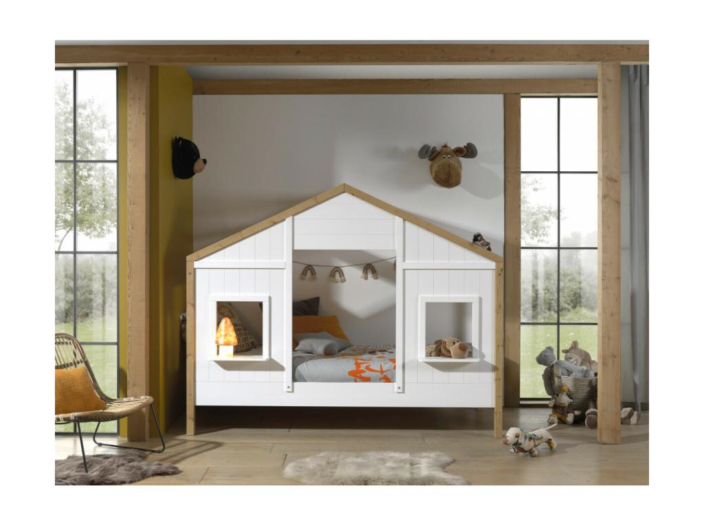 Artvivrestore - Lit Maison 90x200cm Blanc et Pin à 2 Fenêtres Tiroir 25423LWNN