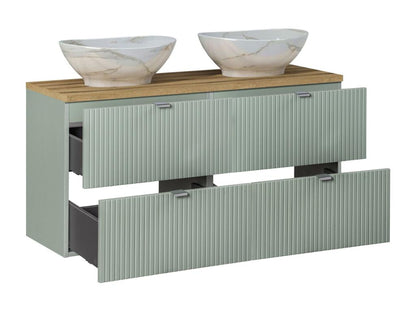 Ensemble meuble double vasque 120cm 4 tiroirs colonne et 3 armoires murales Maisonpuretop Vert et Bois 48385KVNG
