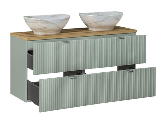Ensemble meuble double vasque 120cm 4 tiroirs colonne et 3 armoires murales Maisonpuretop Vert et Bois 48385KVNG