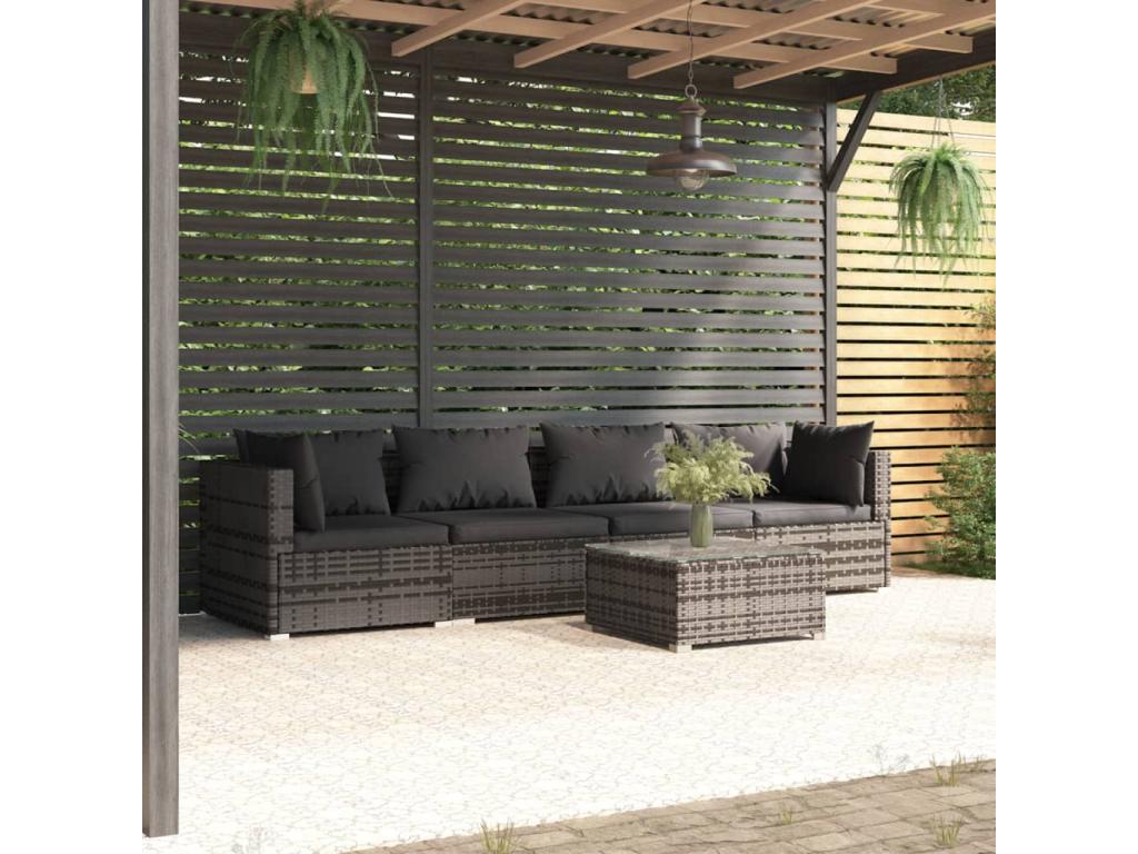 Salon de jardin 5 pièces avec coussins résine tressée gris 12155LBZC