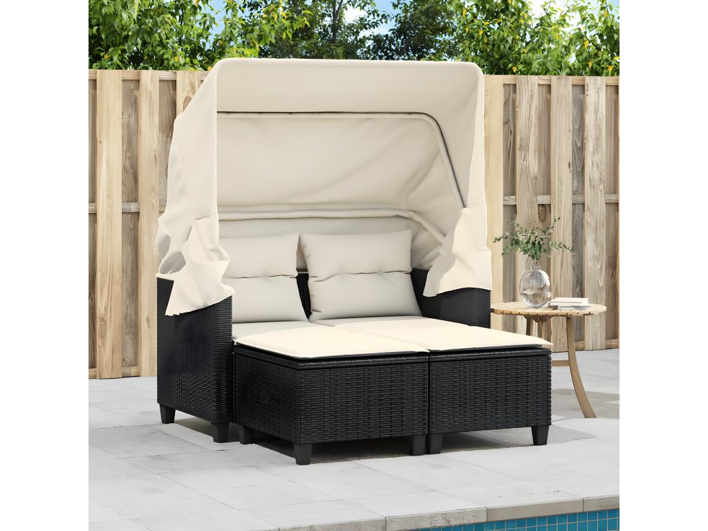 Canapé de jardin 2 places avec auvent et tabourets noir rotin 17639ZAEI