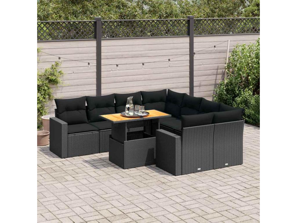 Salon de jardin 9 pcs avec coussins noir résine tressée 60869MYEY