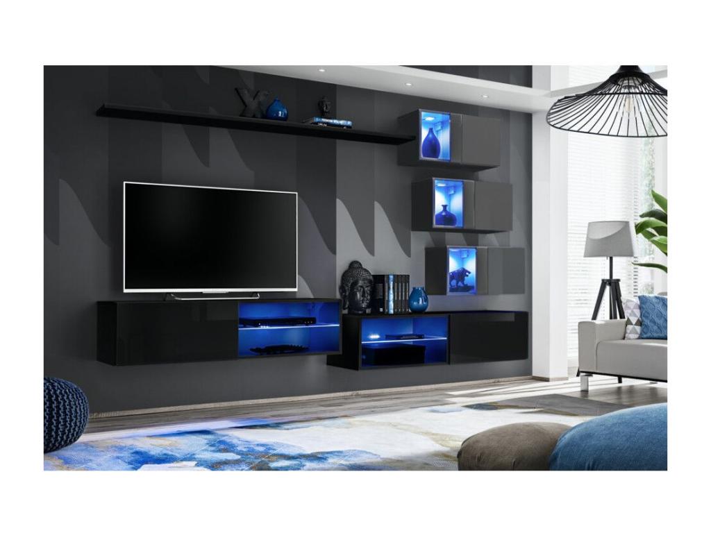 Ensemble meuble TV mural Maisonpuretop - L 260 x P 40 x H 170 cm - Noir et gris 65295ETCS