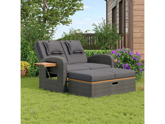 Lit de repos d'extérieur convertible 2 places en résine tressée - table d'appoint - chaise longue - gris 73001YCBS