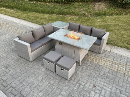 Table de foyer à gaz Ensemble de meubles de jardin en rotin avec canapé Table d'appoint Petit Tabourets Gris Clair 65150UYGZ