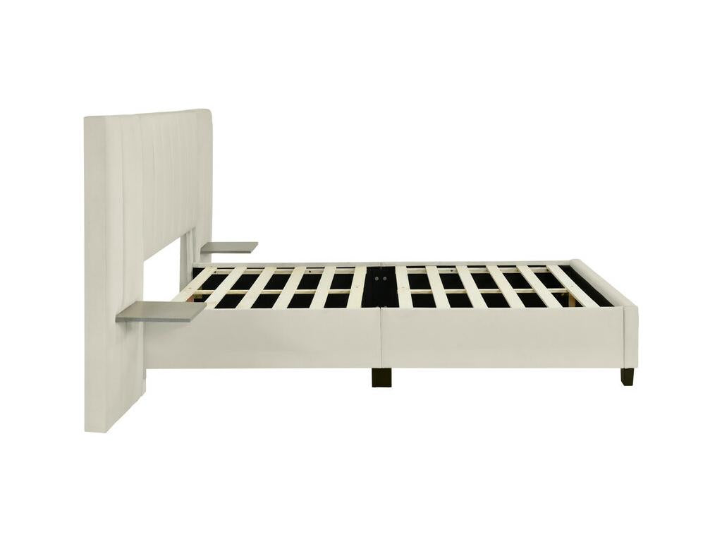 Lit rembourré 160x200 cm - avec tête de lit et dossier allongés - étagères des deux côtés de la tête de lit - tissu en velours - Beige 64344GBAV