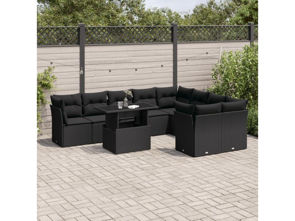 Salon de jardin 10 pcs avec coussins noir résine tressée 26340NJUR